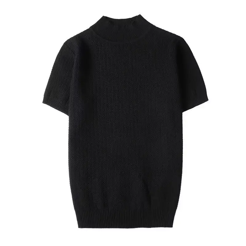 Men's Blue Knit Half-High Collar T-Shirt Short Sleeve — feature 7
