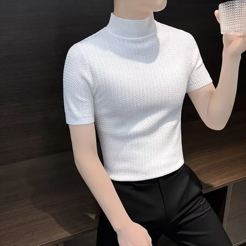 Men's Blue Knit Half-High Collar T-Shirt Short Sleeve — feature 8