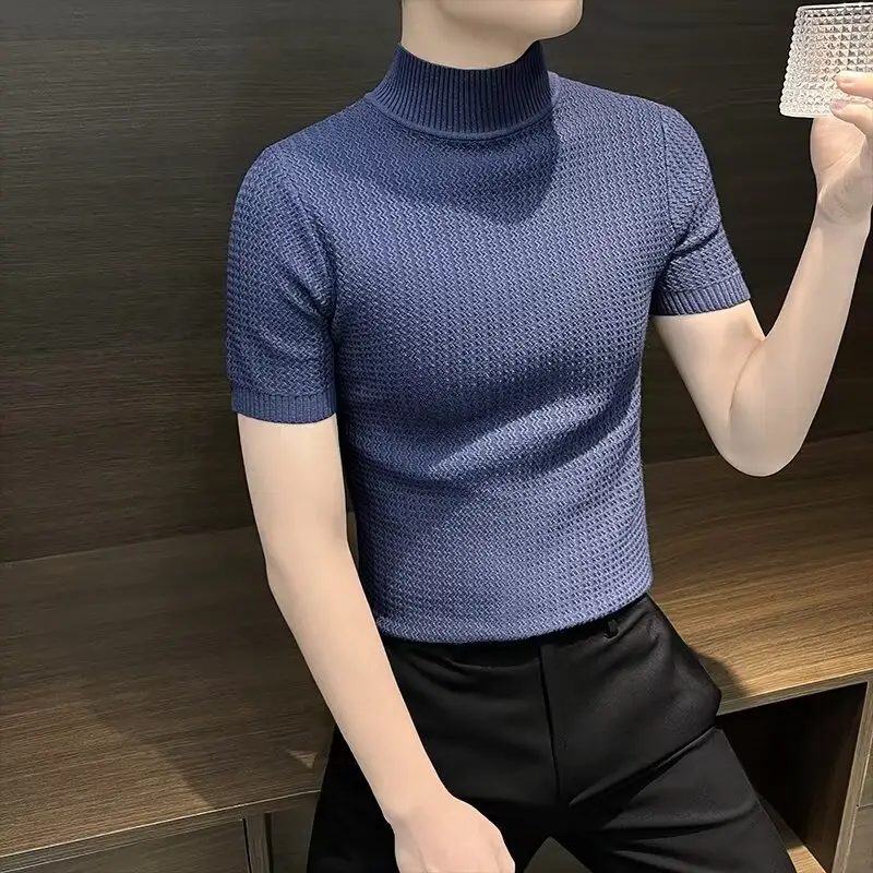 Men's Blue Knit Half-High Collar T-Shirt Short Sleeve — feature 9