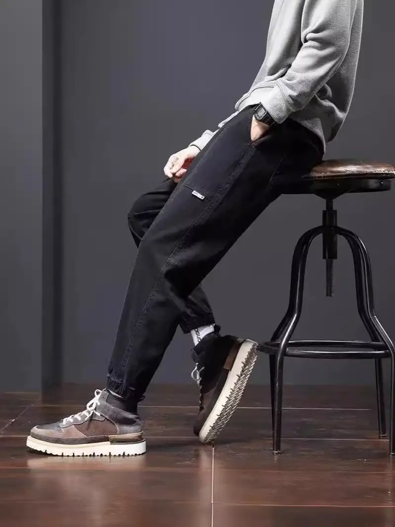 Men Black Cotton Jogger Pants with Drawstring Waist - Image 6