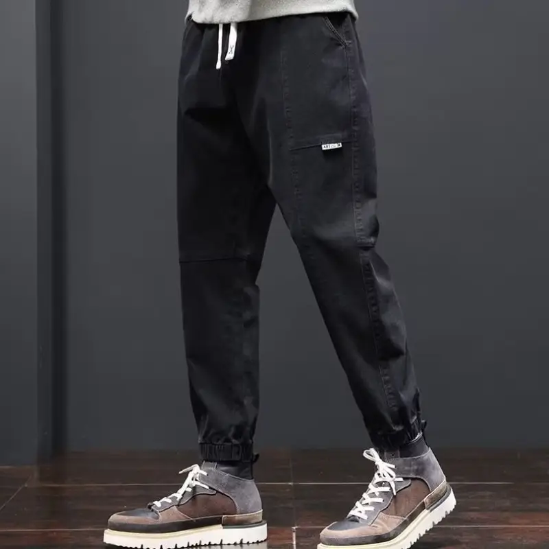 Men Black Cotton Jogger Pants with Drawstring Waist - Image 2