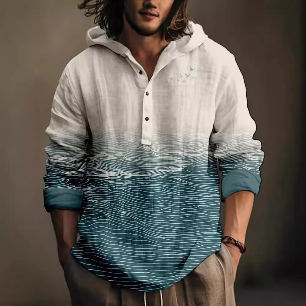 Men Printed Hooded Shirt White Blue Bamboo Linen - Image 21