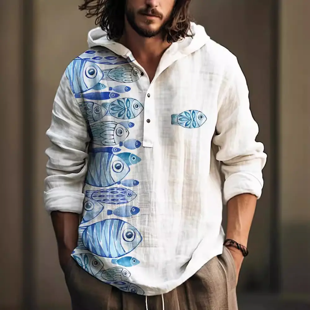 Men Printed Hooded Shirt White Blue Bamboo Linen - Image 22