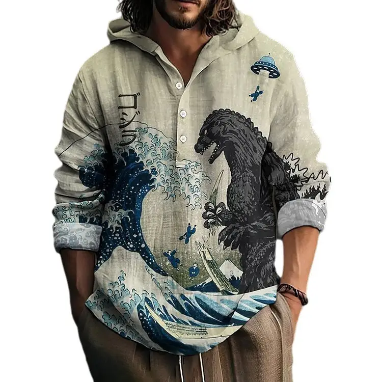 Men Printed Hooded Shirt White Blue Bamboo Linen - Image 24
