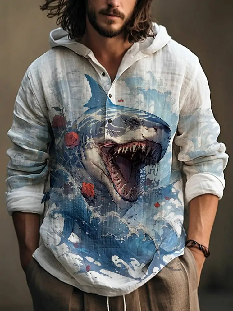 Men Printed Hooded Shirt White Blue Bamboo Linen — feature 3