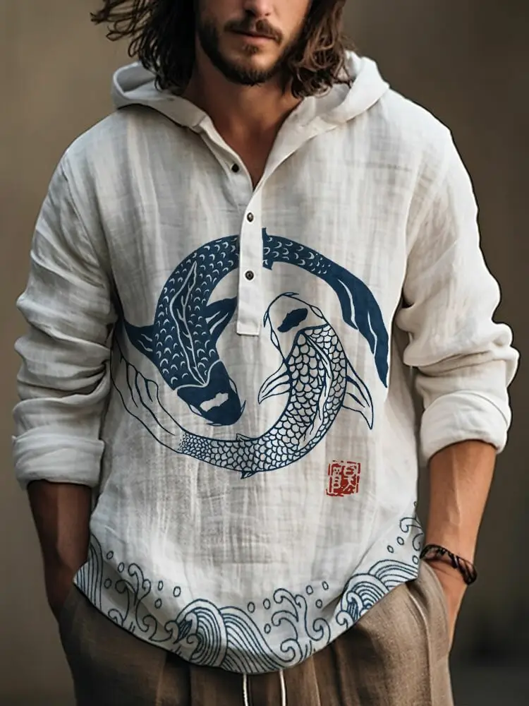 Men Printed Hooded Shirt White Blue Bamboo Linen — feature 5