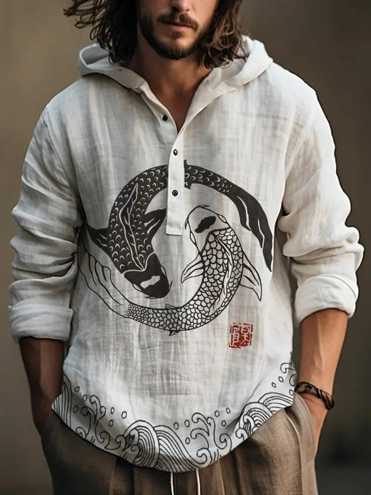 Men Printed Hooded Shirt White Blue Bamboo Linen — feature 6