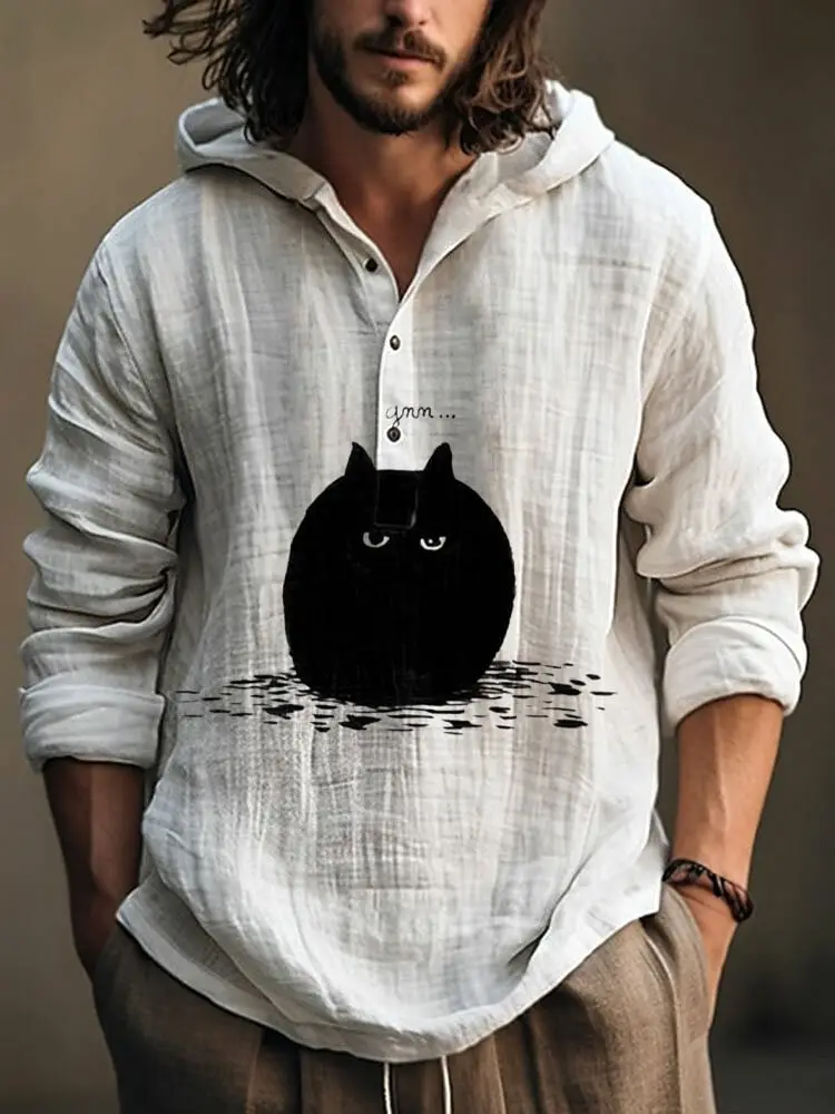 Men Printed Hooded Shirt White Blue Bamboo Linen — feature 7