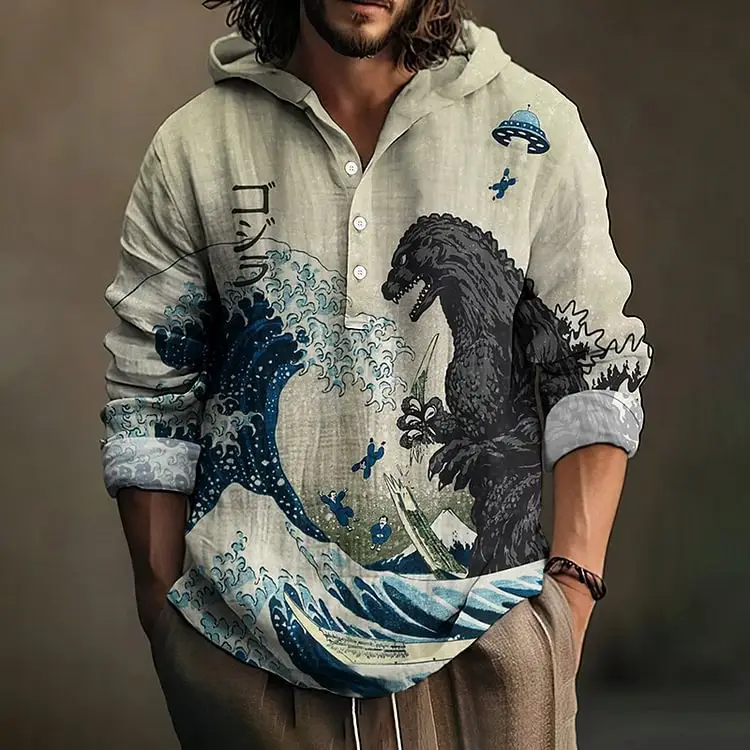 Men Printed Hooded Shirt White Blue Bamboo Linen - Image 10