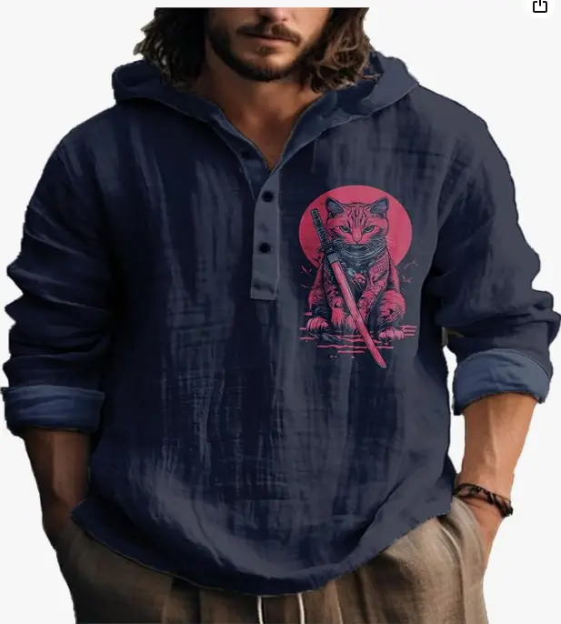 Men Printed Hooded Shirt White Blue Bamboo Linen - Image 11