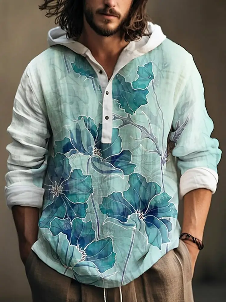 Men Printed Hooded Shirt White Blue Bamboo Linen - Image 12