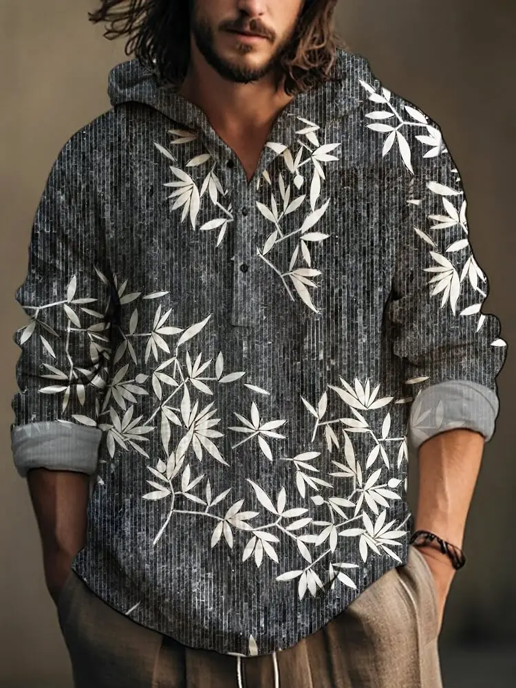 Men Printed Hooded Shirt White Blue Bamboo Linen - Image 13