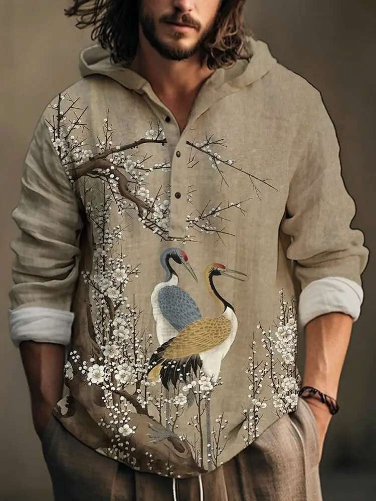 Men Printed Hooded Shirt White Blue Bamboo Linen - Image 14