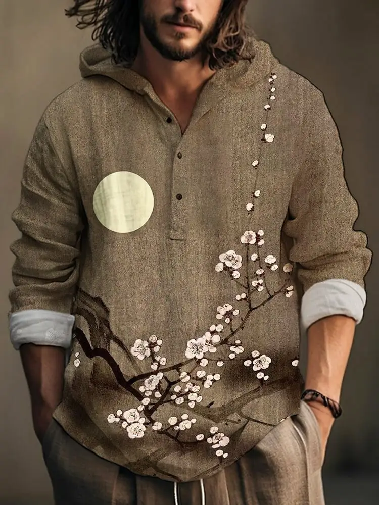 Men Printed Hooded Shirt White Blue Bamboo Linen - Image 15