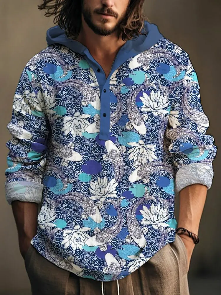 Men Printed Hooded Shirt White Blue Bamboo Linen - Image 16
