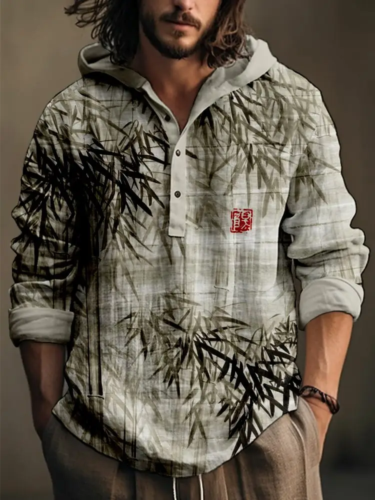 Men Printed Hooded Shirt White Blue Bamboo Linen - Image 17
