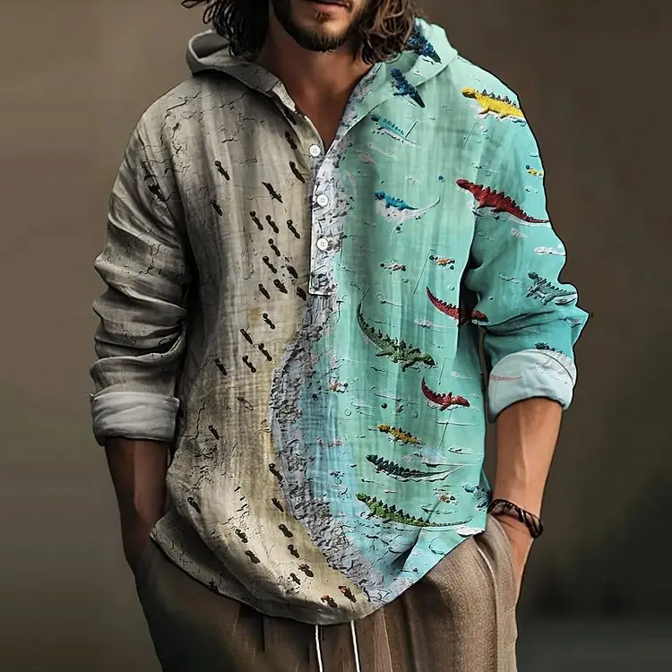 Men Printed Hooded Shirt White Blue Bamboo Linen - Image 18