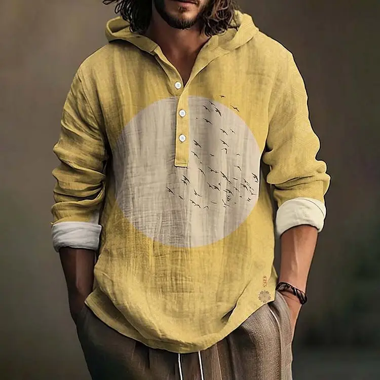 Men Printed Hooded Shirt White Blue Bamboo Linen - Image 19