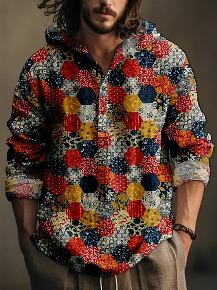Men Printed Hooded Shirt White Blue Bamboo Linen - Image 2