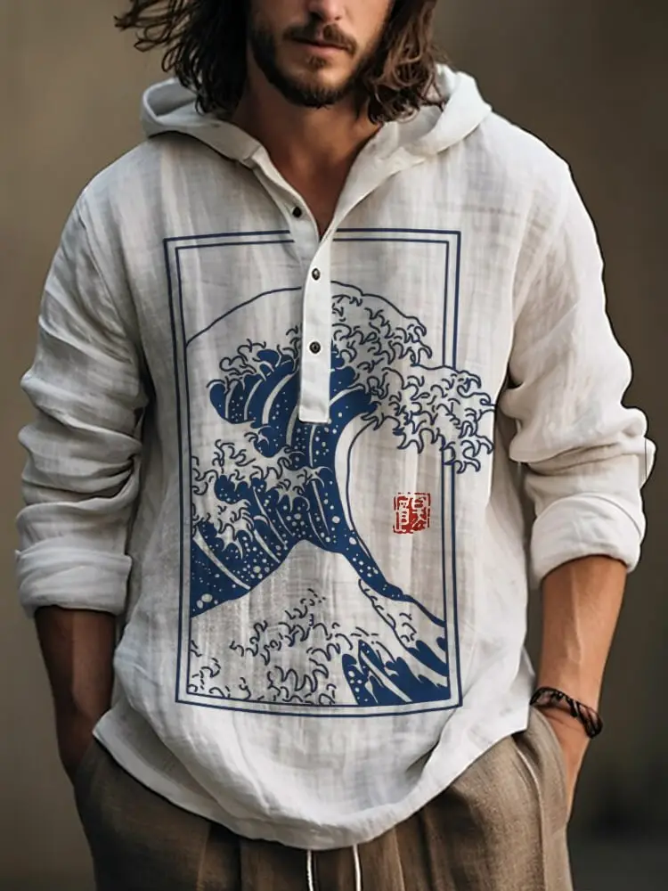 Men Printed Hooded Shirt White Blue Bamboo Linen - Image 4