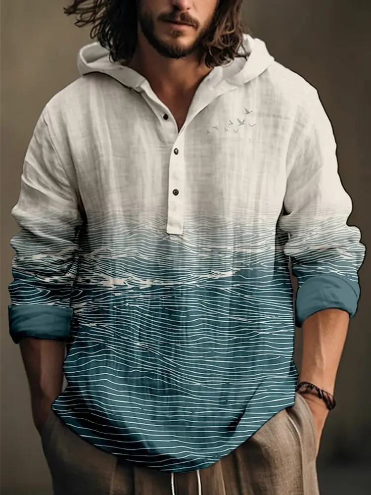 Men Printed Hooded Shirt White Blue Bamboo Linen - Image 7