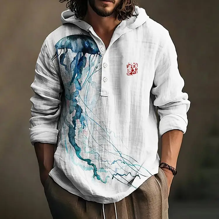 Men Printed Hooded Shirt White Blue Bamboo Linen - Image 9