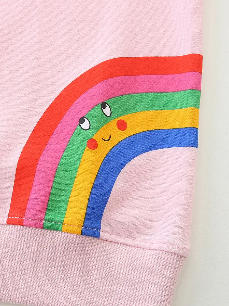 Pink Rainbow Printed Girls Sweatshirt Knitted Cotton