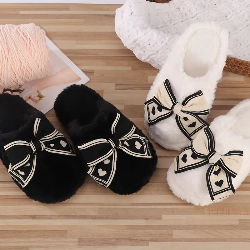 ins2024 autumn and winter new fashion home bow cotton slippers women's winter warm plush moon slippers — feature 1