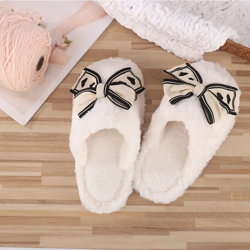 ins2024 autumn and winter new fashion home bow cotton slippers women's winter warm plush moon slippers — feature 3