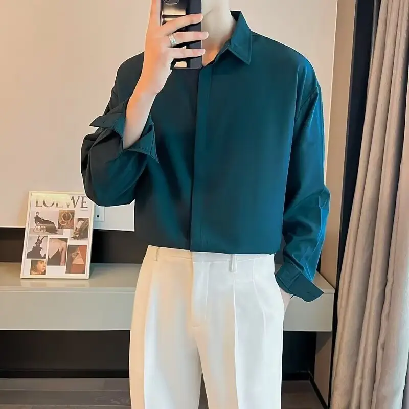 Men's Long Sleeve Ice Silk Shirt White Loose Spring Autumn - Image 5