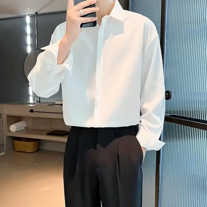 Men's Long Sleeve Ice Silk Shirt White Loose Spring Autumn - Image 6