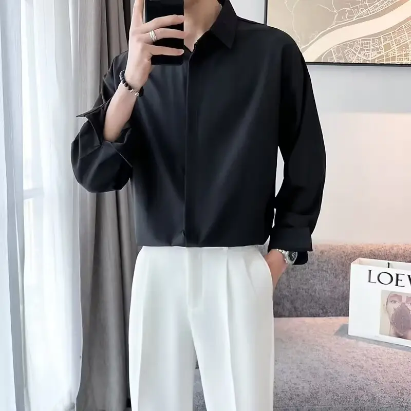 Men's Long Sleeve Ice Silk Shirt White Loose Spring Autumn - Image 7