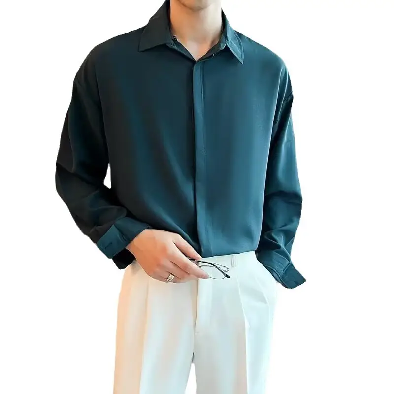 Men's Long Sleeve Ice Silk Shirt White Loose Spring Autumn - Image 8