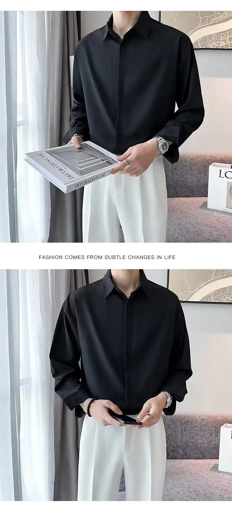 Men's Long Sleeve Ice Silk Shirt White Loose Spring Autumn — feature 10