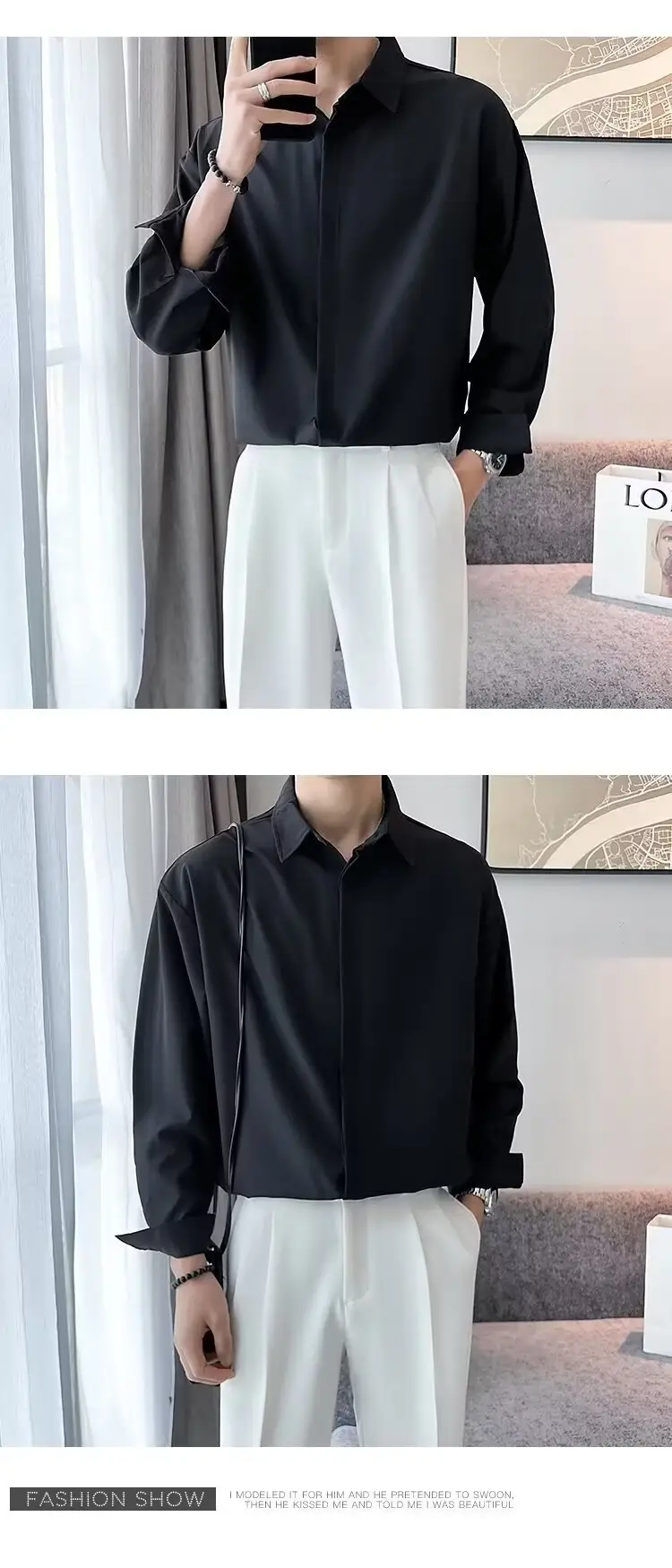 Men's Long Sleeve Ice Silk Shirt White Loose Spring Autumn — feature 11