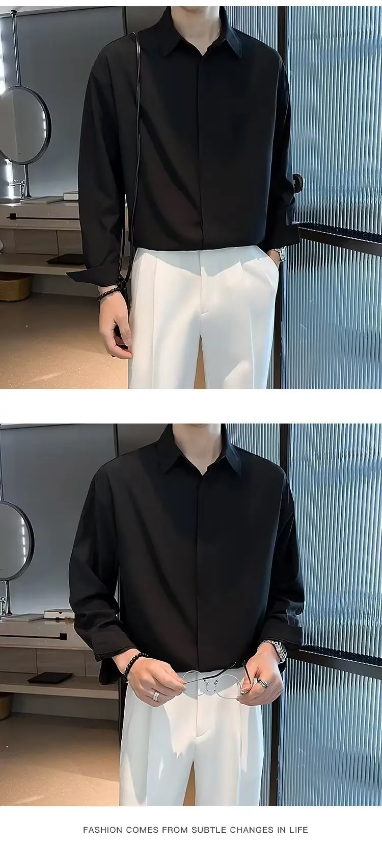 Men's Long Sleeve Ice Silk Shirt White Loose Spring Autumn — feature 12