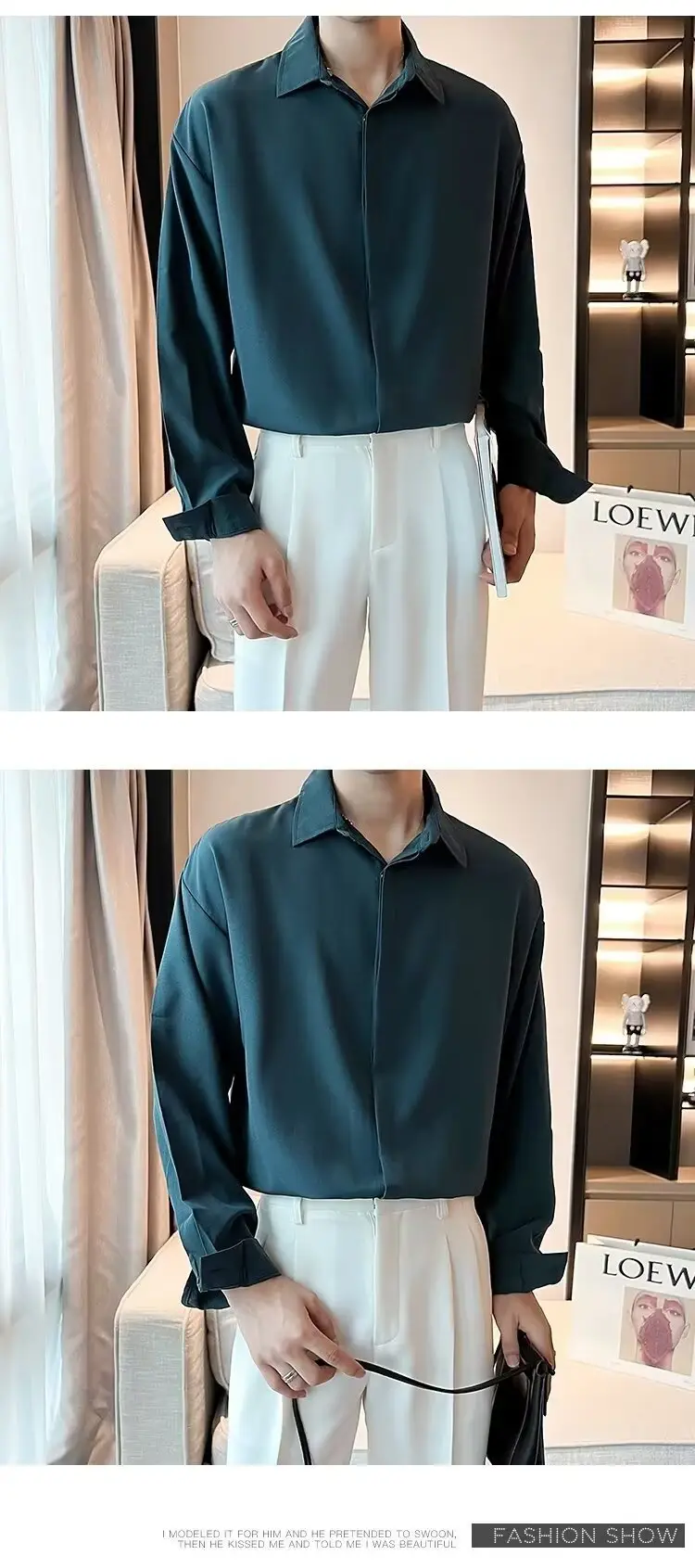 Men's Long Sleeve Ice Silk Shirt White Loose Spring Autumn — feature 14