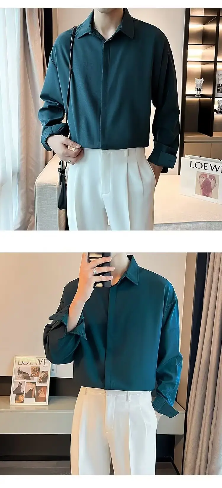 Men's Long Sleeve Ice Silk Shirt White Loose Spring Autumn — feature 15