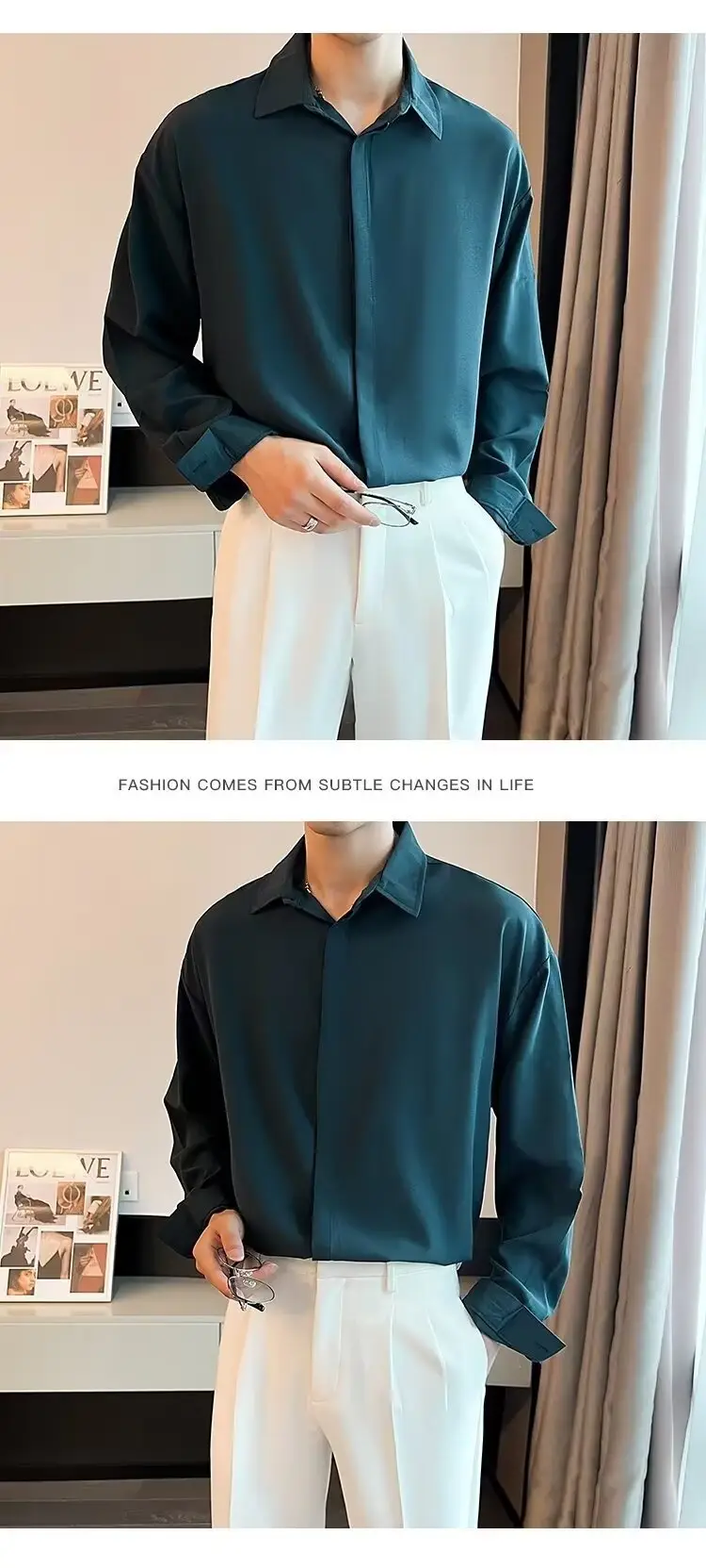 Men's Long Sleeve Ice Silk Shirt White Loose Spring Autumn — feature 16