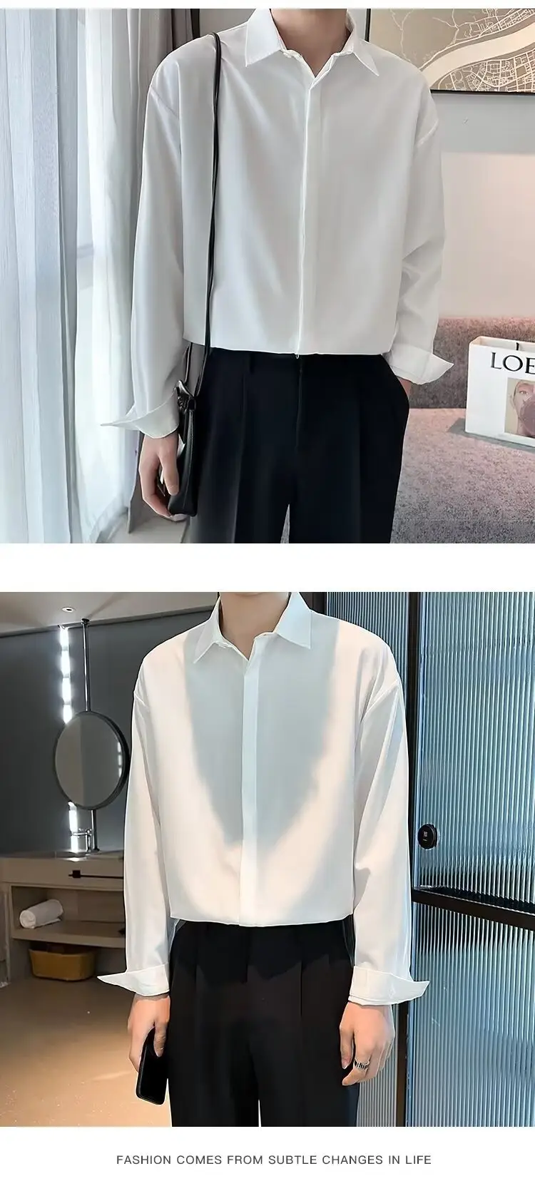 Men's Long Sleeve Ice Silk Shirt White Loose Spring Autumn — feature 5
