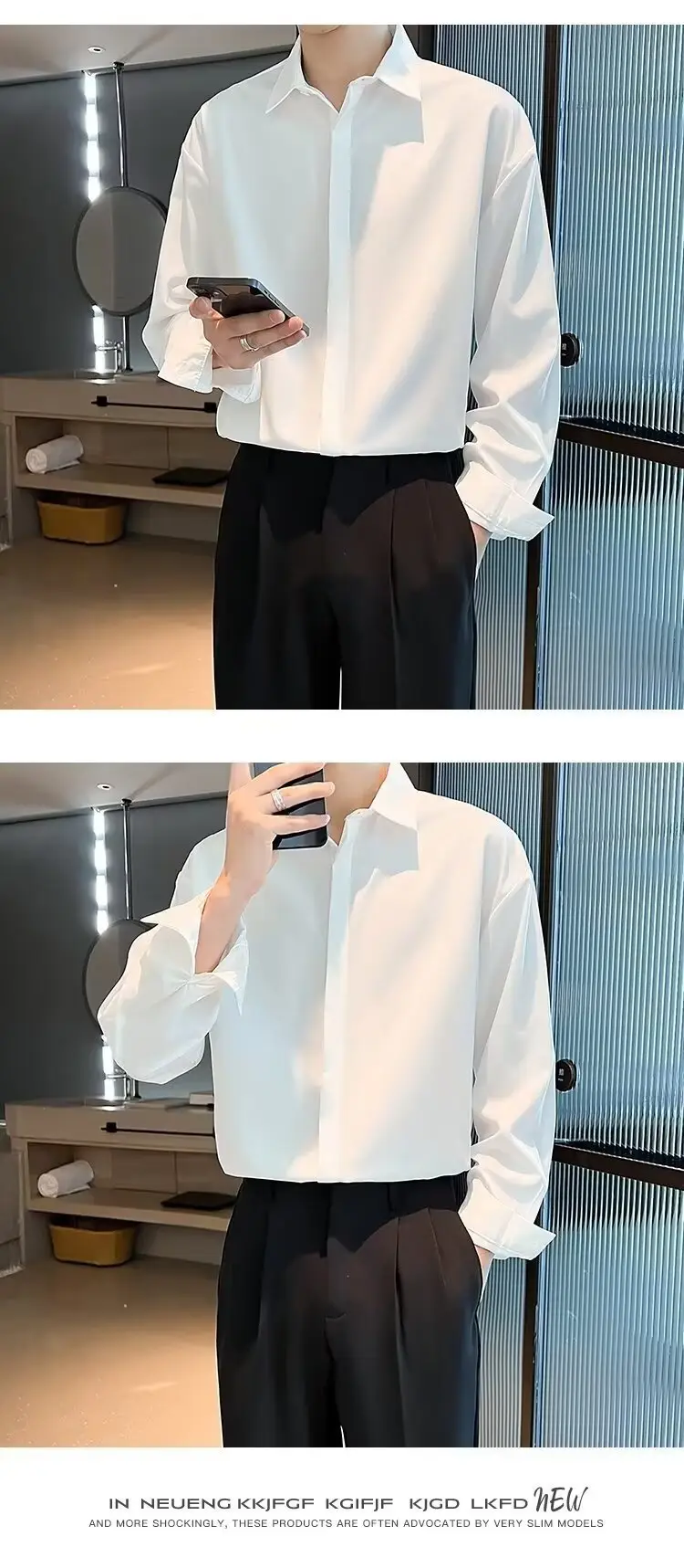 Men's Long Sleeve Ice Silk Shirt White Loose Spring Autumn — feature 6