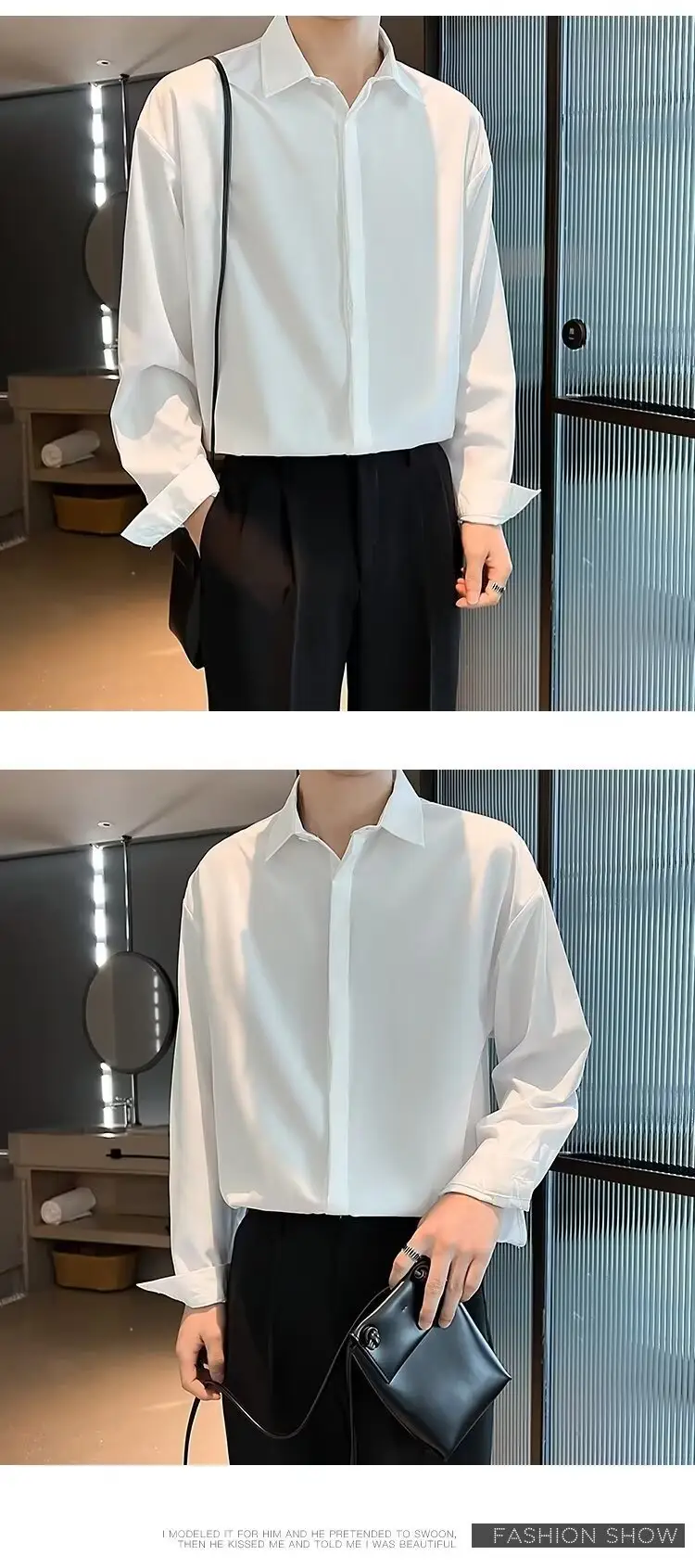 Men's Long Sleeve Ice Silk Shirt White Loose Spring Autumn — feature 7