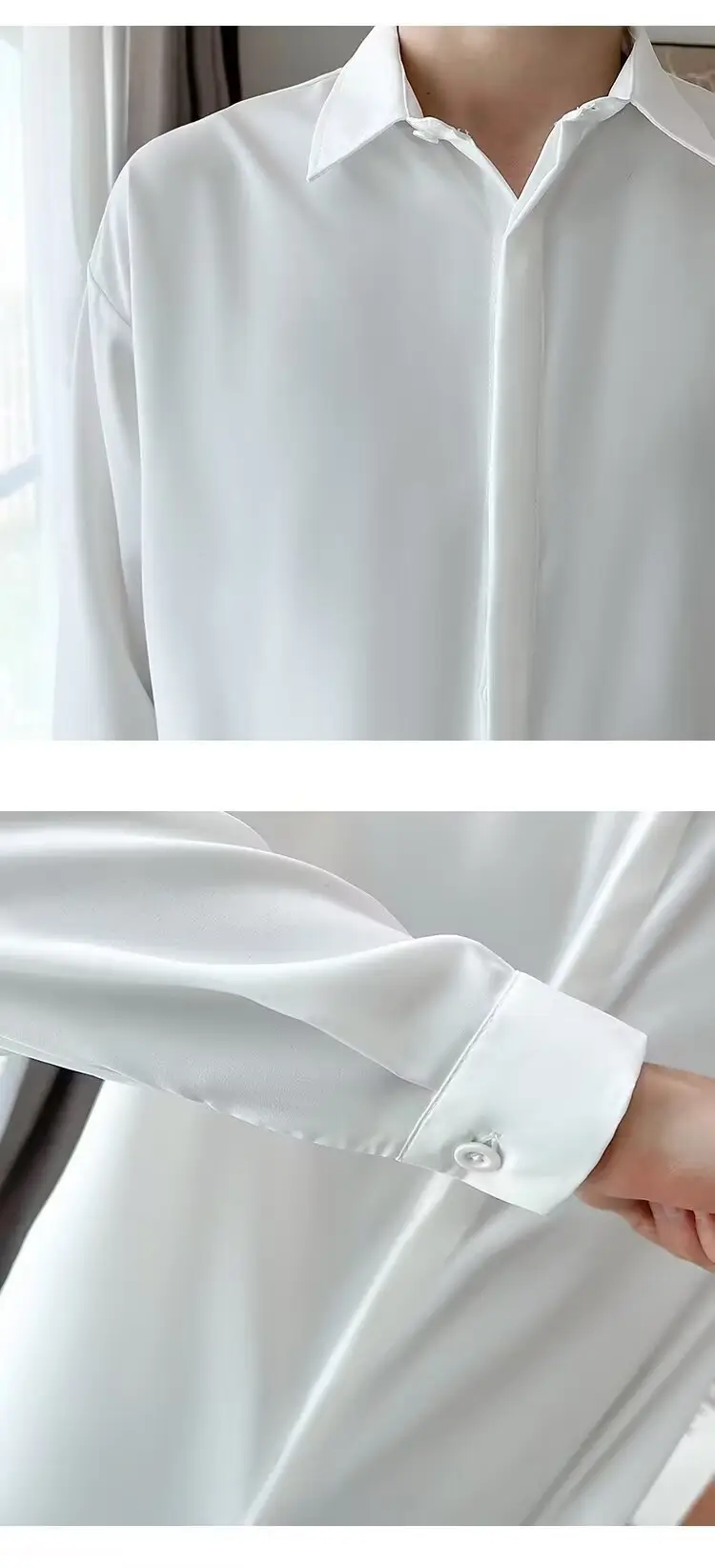 Men's Long Sleeve Ice Silk Shirt White Loose Spring Autumn — feature 8