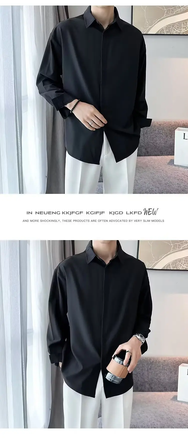 Men's Long Sleeve Ice Silk Shirt White Loose Spring Autumn — feature 9