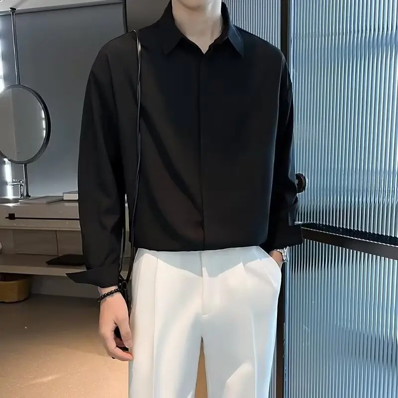 Men's Long Sleeve Ice Silk Shirt White Loose Spring Autumn - Image 2