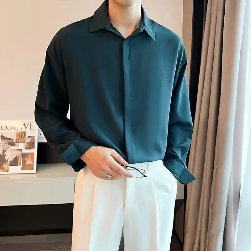 Men's Long Sleeve Ice Silk Shirt White Loose Spring Autumn - Image 3