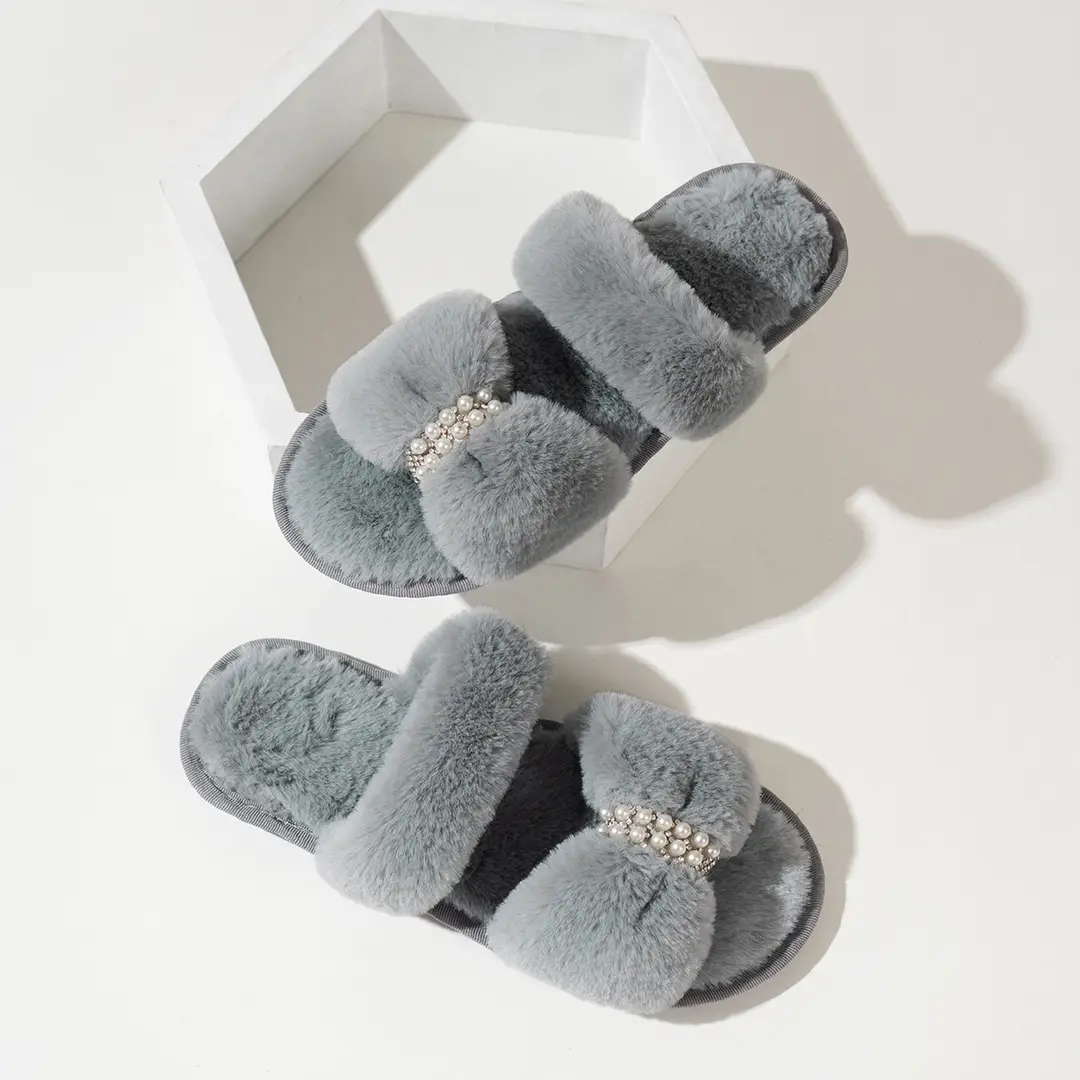 Cross-Border Foreign Trade Plush Cotton Slippers Rhinestone Pearl Autumn and Winter New Women's Flat Open-Toe Home Plush Slippers Wholesale