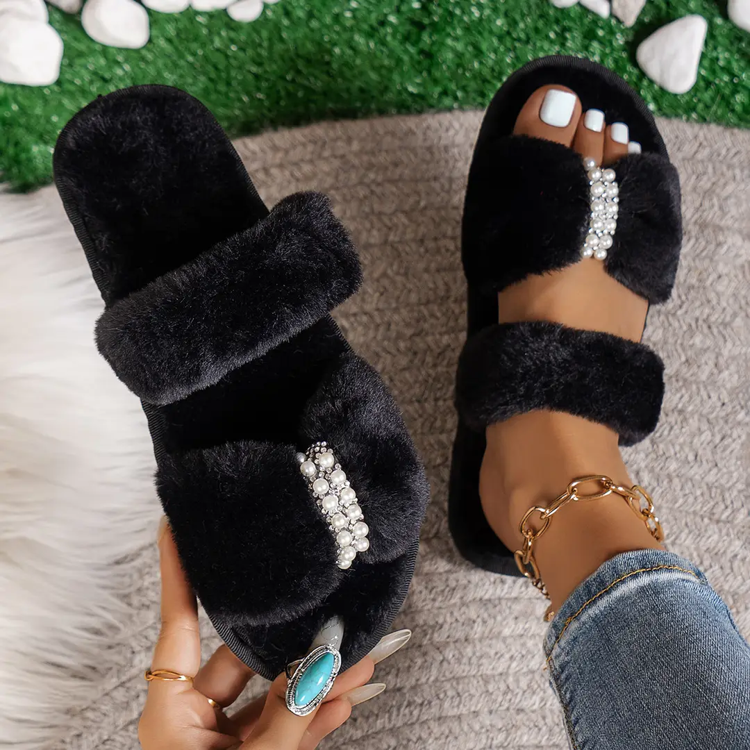 Cross-Border Foreign Trade Plush Cotton Slippers Rhinestone Pearl Autumn and Winter New Women's Flat Open-Toe Home Plush Slippers Wholesale
