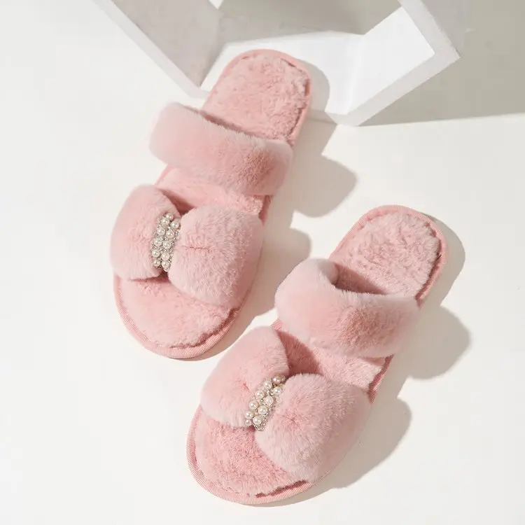 Cross-Border Foreign Trade Plush Cotton Slippers Rhinestone Pearl Autumn and Winter New Women's Flat Open-Toe Home Plush Slippers Wholesale — feature 11