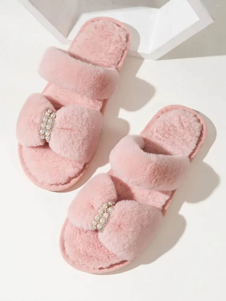 Cross-Border Foreign Trade Plush Cotton Slippers Rhinestone Pearl Autumn and Winter New Women's Flat Open-Toe Home Plush Slippers Wholesale — feature 17
